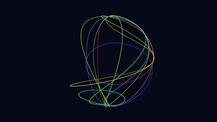 Colorful lines emanating from black and white sphere