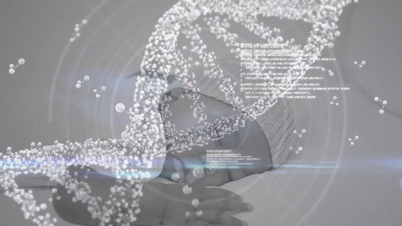 스피닝 dna 스트랜드의 애니메이션과 카우카시안 아기 수면에 대한 데이터 처리