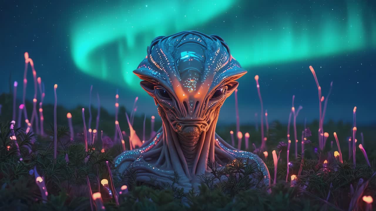 Alien Encounter Under Aurora Borealis in a Bioluminescent Landscape