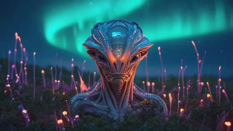 alien encounter under aurora borealis in a bioluminescent landscape