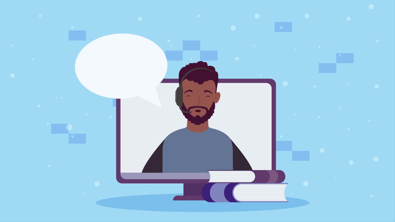 afro man in desktop computer animation