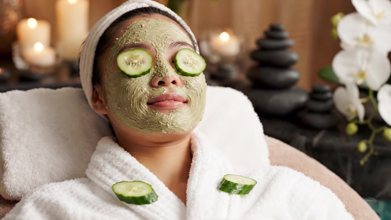 Tratamento de Spa Relaxante: Um Momento de Calma com Máscara Facial e Fatias de Pepino para Cuidados Refrescantes com a Pele em um Retiro de Bem-Estar Sereno