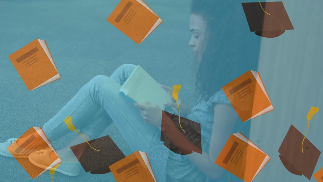 animación de sombreros de graduación y libros sobre escolar