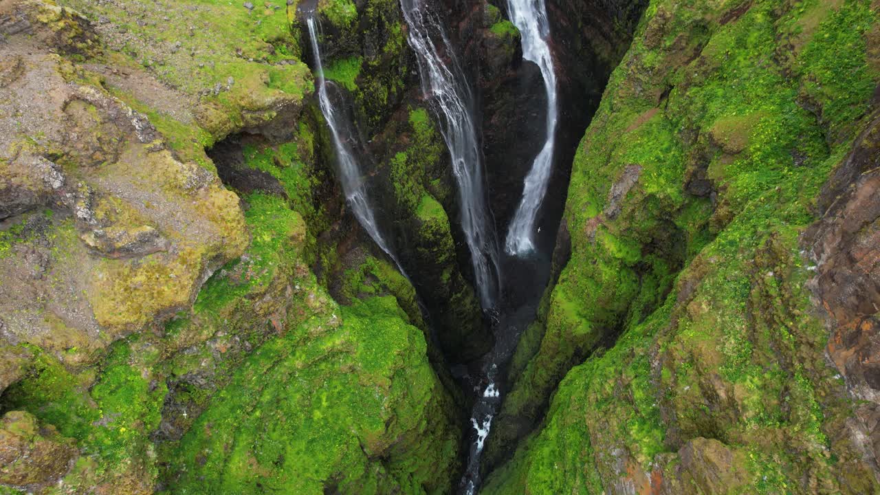 Glymur waterfalls on the Botsn&aacute; river from the Hvalvatn lake, Iceland aerial view