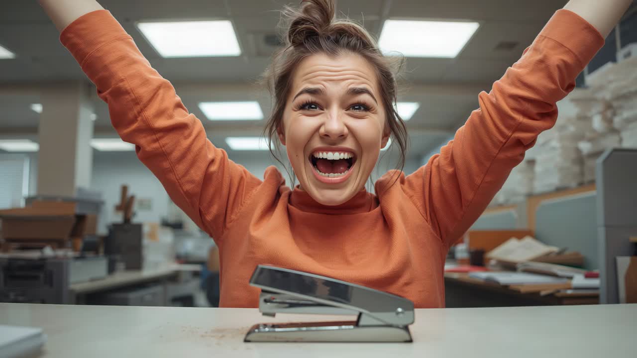 Mulher sorrindo de suéter laranja levantando os braços após preencher formulários em mesa de escritório, grampeador de metal