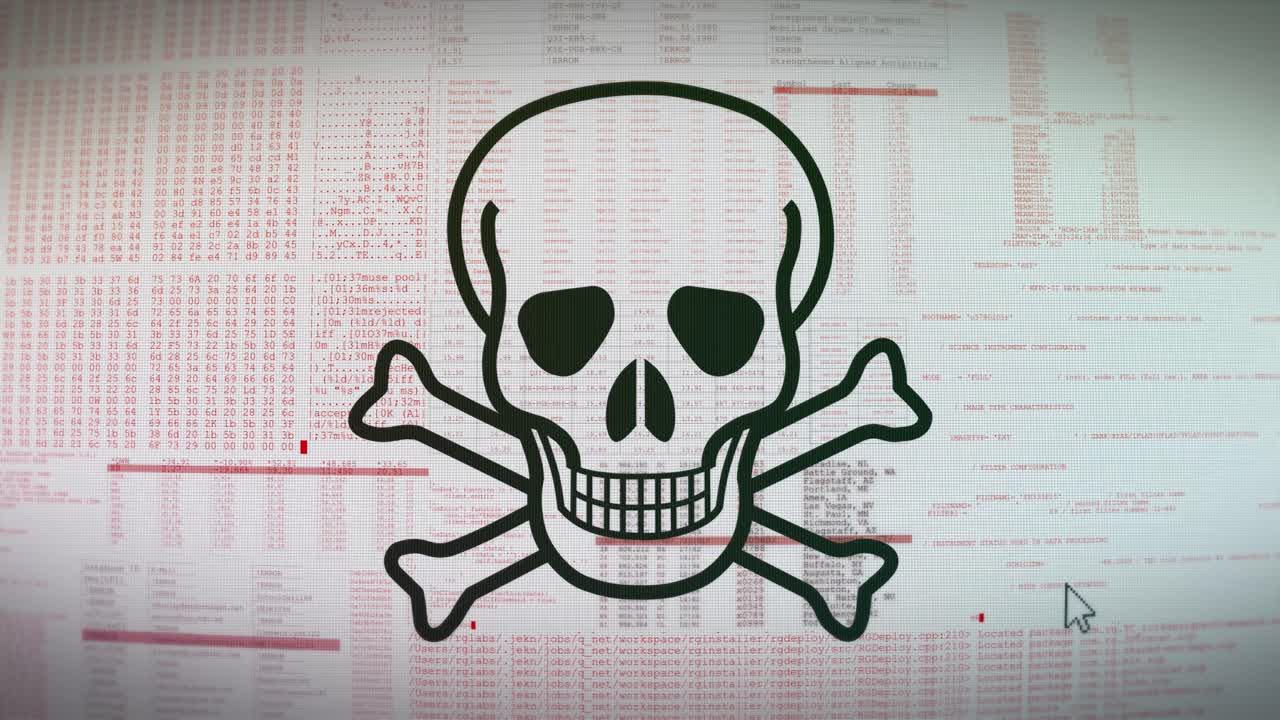 ataque de virus - piratería, cráneo - fondo - 4k
