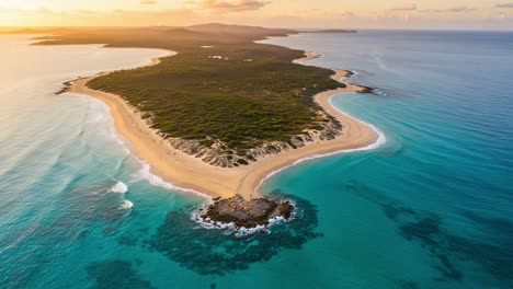 aerial view of serene coastal landscape: captivating island with turquoise waters and expansive sandy beaches at sunset