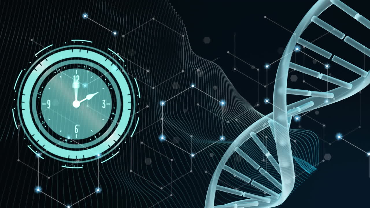 Animation of clock and data processing over dna strand spinning