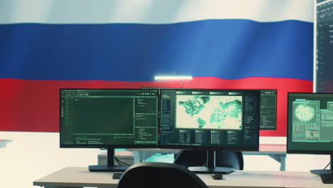 governmental surveillance room showing a russian flag on big screen