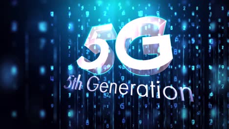 animation of 5g 5th generation text over glowing numbers changing