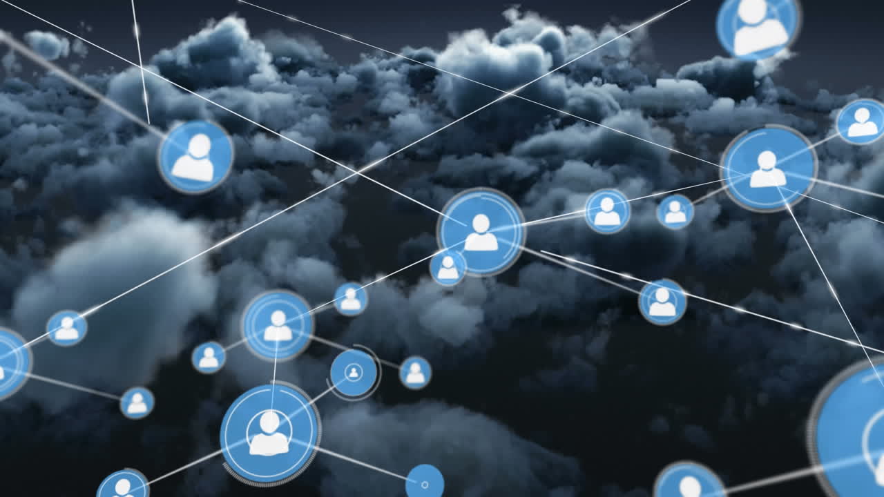 animación de la red de conexiones con iconos sobre nubes