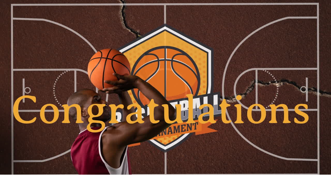 Animazione di un testo di congratulazioni su un giocatore di basket afroamericano.