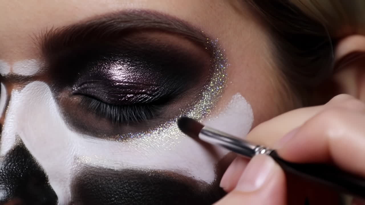 Primer plano de modelo caucásica con maquillaje de calavera. Un maquillador profesional aplica purpurina plateada alrededor del ojo