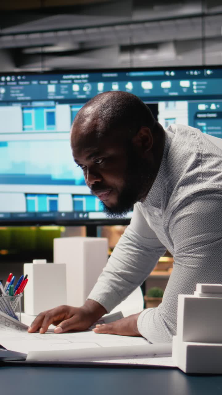 Vertical Video Black male engineer examining architectural 3D models for design