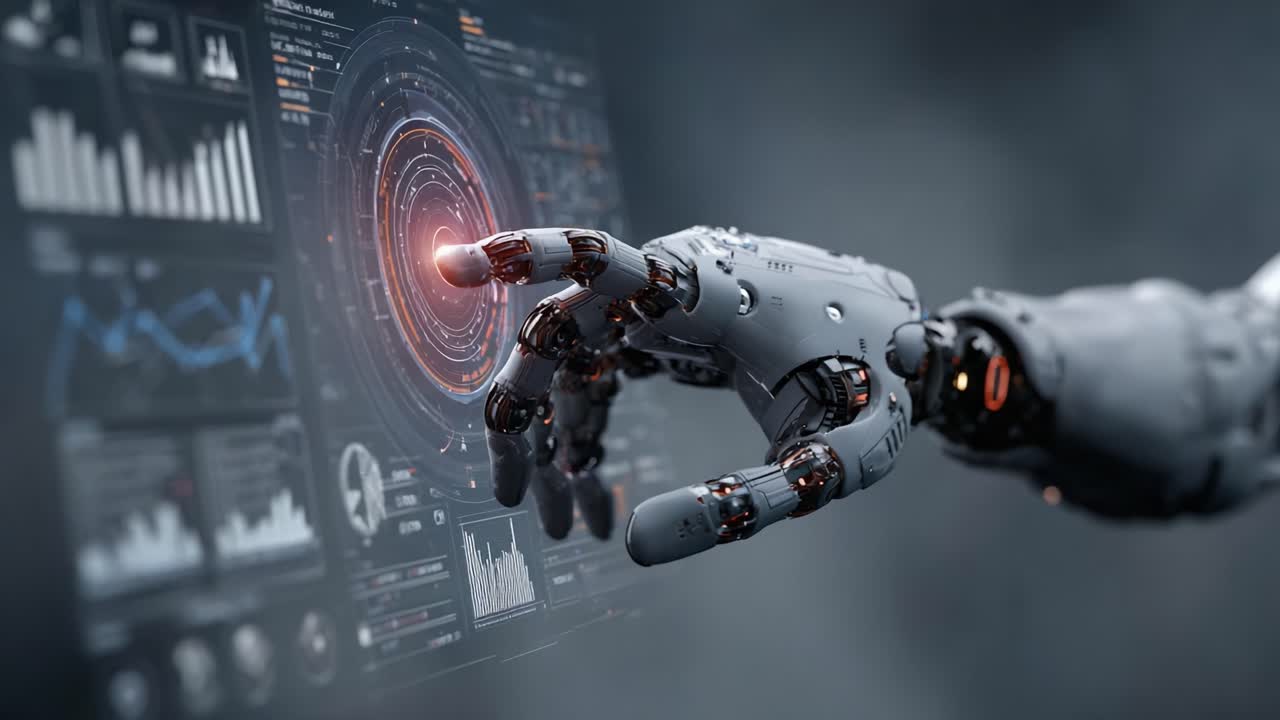 A futuristic robotic hand interacts with a digital interface, showcasing advanced technology and data visualization in a high-tech environment