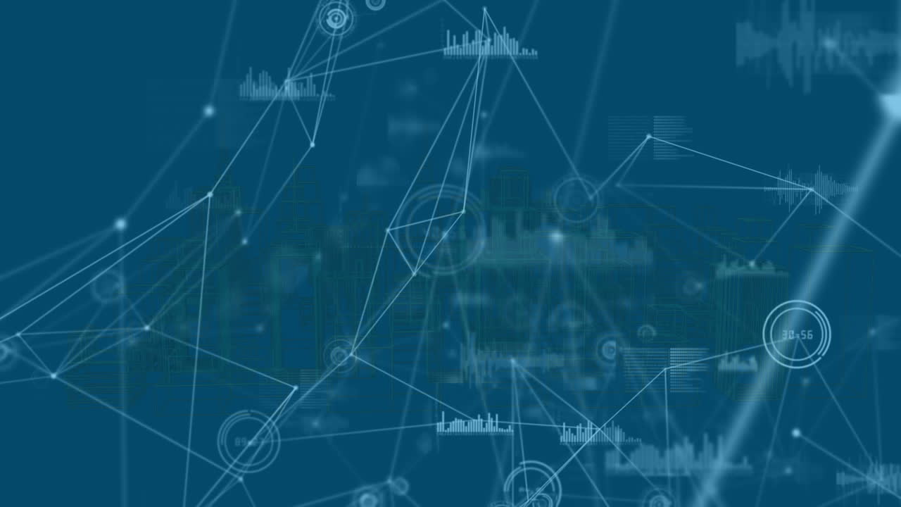 Animation of network of connections and data processing over city on blue background