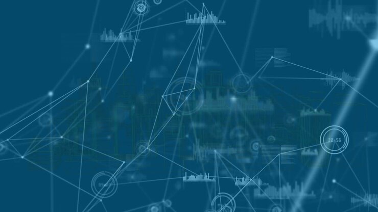 Animation of network of connections and data processing over city on blue background
