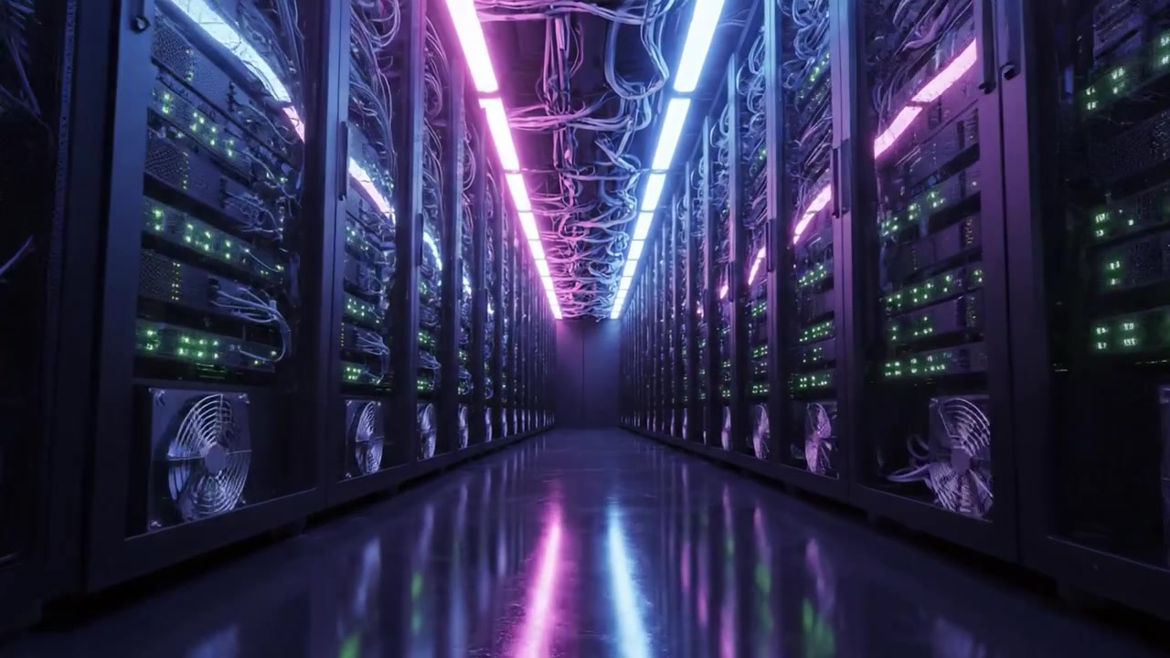 Visuelt slående datacentralkorridor badet i dynamisk neonbelysning, der fremviser rækker af serverracks og køleventilatorer til avancerede teknologiske operationer.