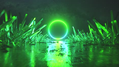 Asbractic flight, neon light ring shape, mysterious space landscape, forward flight through the corridor of crystals, virtual reality, outer space, star panorama. Seamless loop 3d render