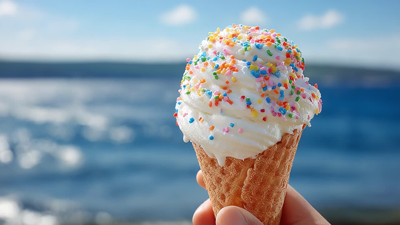 Golosità Estiva: Un Primo Piano di un Cono Gelato con Granella Colorata, con uno Sfondo Sfocato di Onde Marine