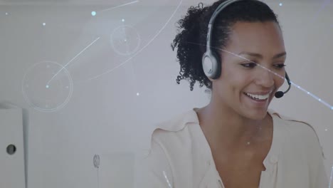 Animation-of-networks-of-connections-over-businesswoman-using-phone-headsets