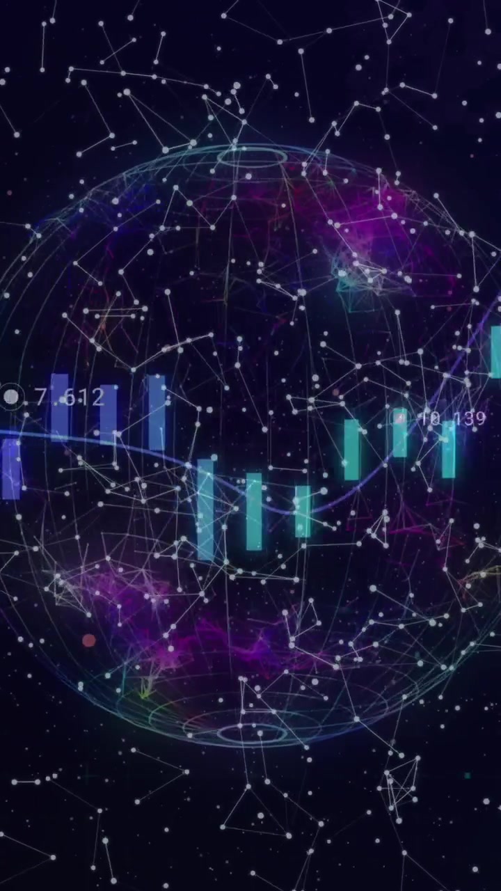 Animação de processamento de dados financeiros com globo e conexões em fundo preto.