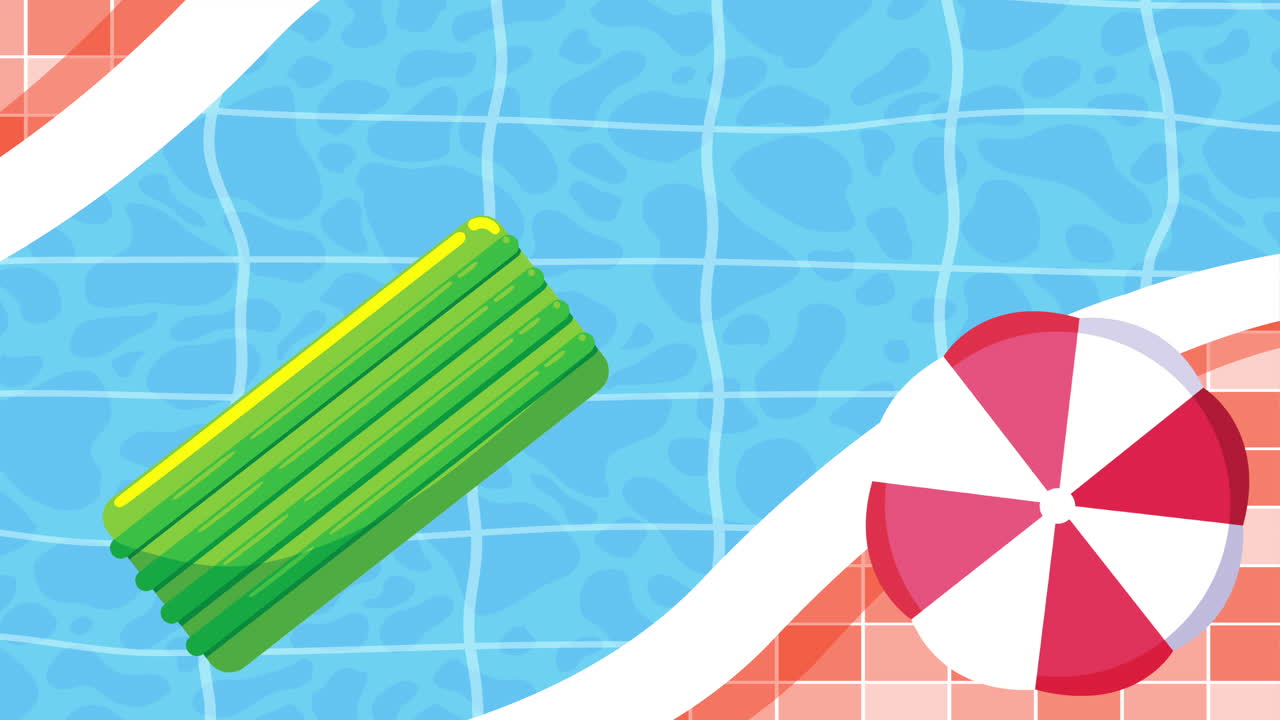 temporada de verano en la piscina con alfombra flotante y paraguas
