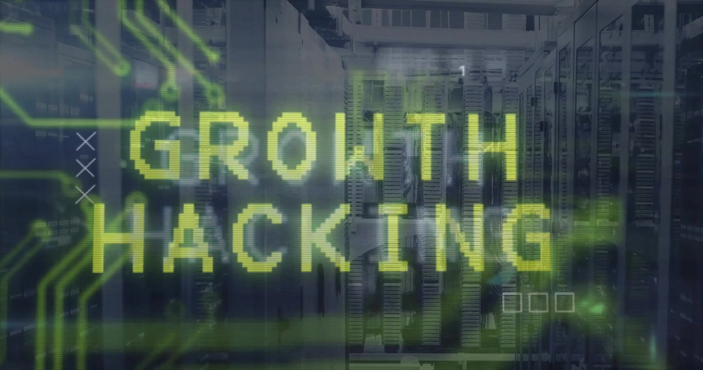 Green circuit lines emerging on server racks driving 'GROWTH HACKING' pulsing flickering revealing
