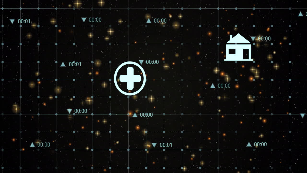 Glowing stars and icons in grid with time codes in space-themed animation