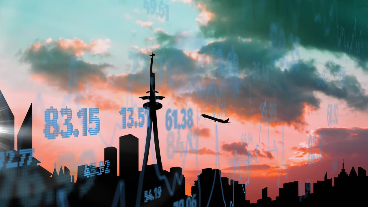 Animation of financial data processing over cityscape