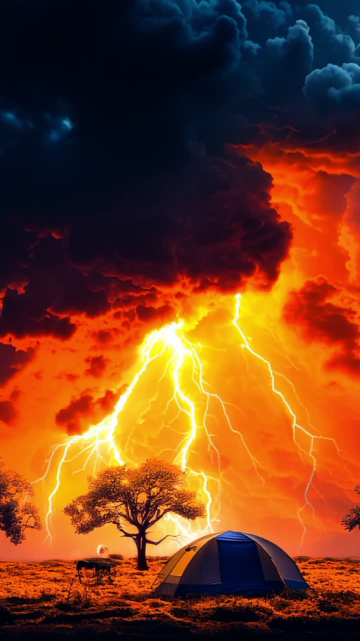 Dramatic Sunset Storm Over Campsite With Lightning and Clouds at Dusk. A striking sunset displays dark clouds and vibrant colors as lightning strikes near a campsite surrounded by trees.