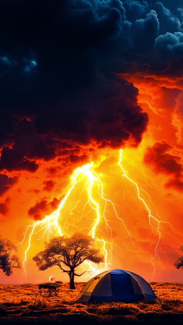 dramatic sunset storm over campsite with lightning and clouds at dusk. a striking sunset displays dark clouds and vibrant colors as lightning strikes near a campsite surrounded by trees.