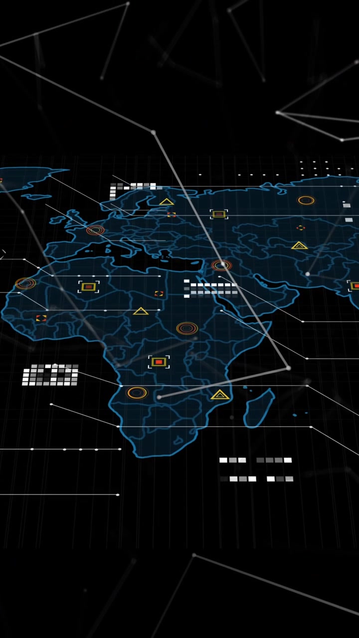 Animation of network of connections over world map on black background