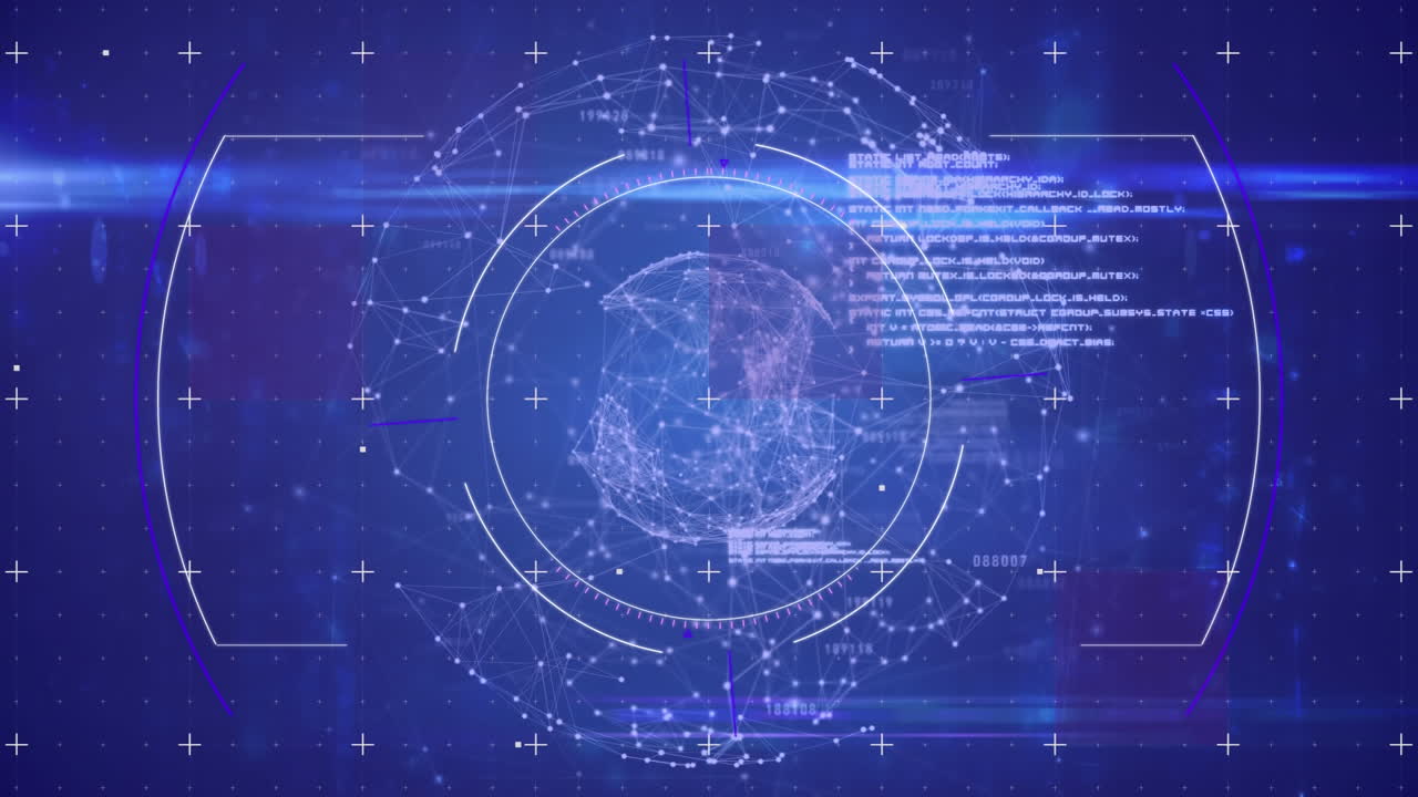 animación del escaneo del alcance y el procesamiento de datos con un globo de conexiones sobre fondo azul