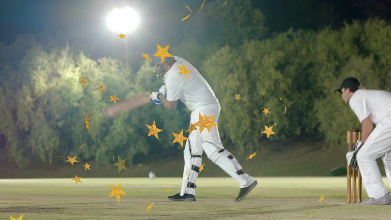 Cricketspiller forbereder sig, slår bolden efter kast for at score, mens gyldne stjerner krydser spillerne.