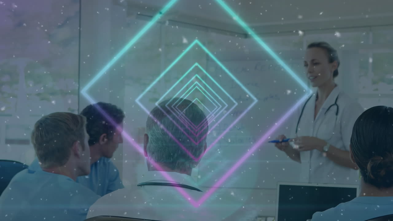 Animation of shapes over caucasian doctors at meeting