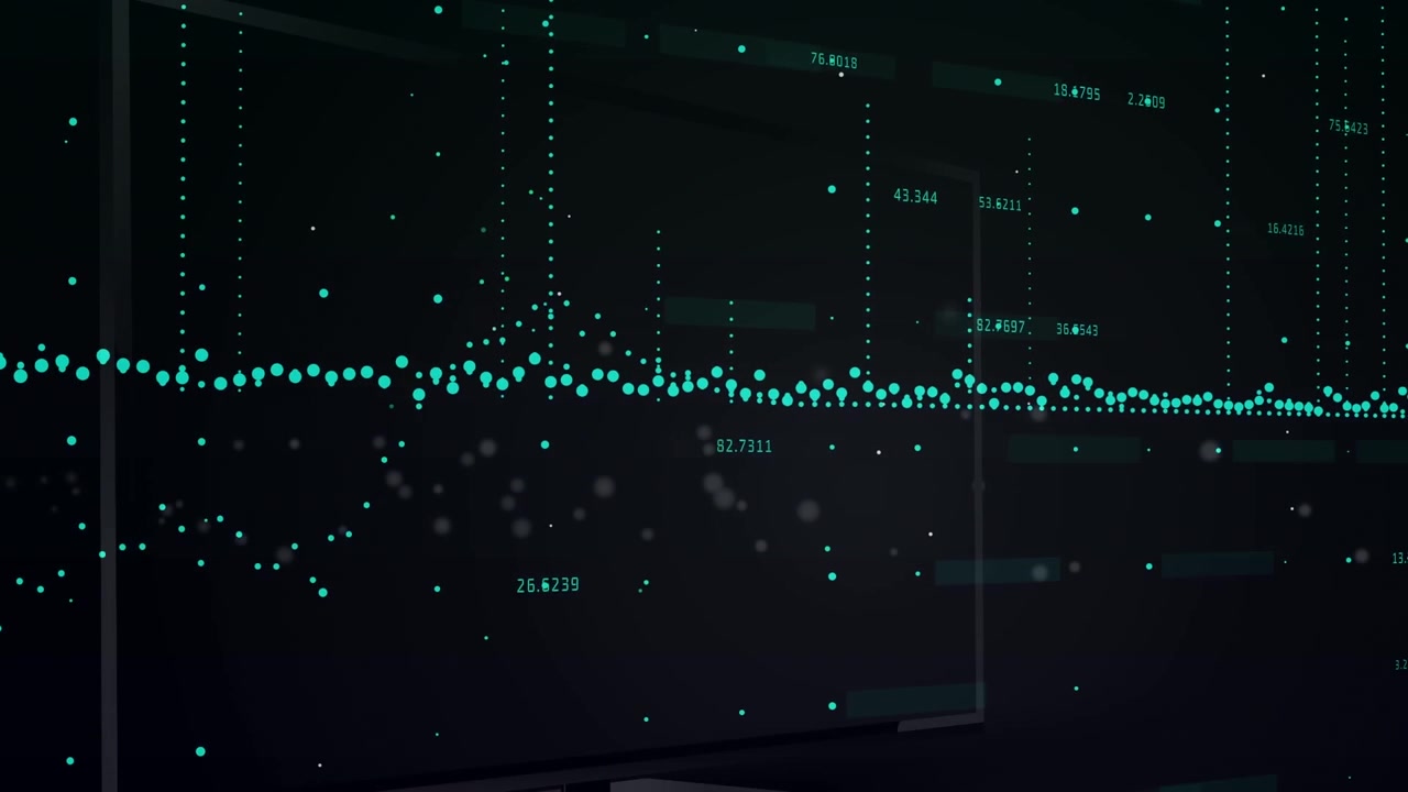 Animation of financial data processing over wind turbines