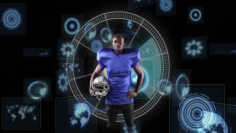 Animation-of-african-american-male-rugby-player-over-scope-scanning-on-black-background