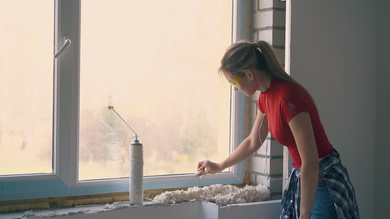 lady cleans white frame of window at renewal in flat