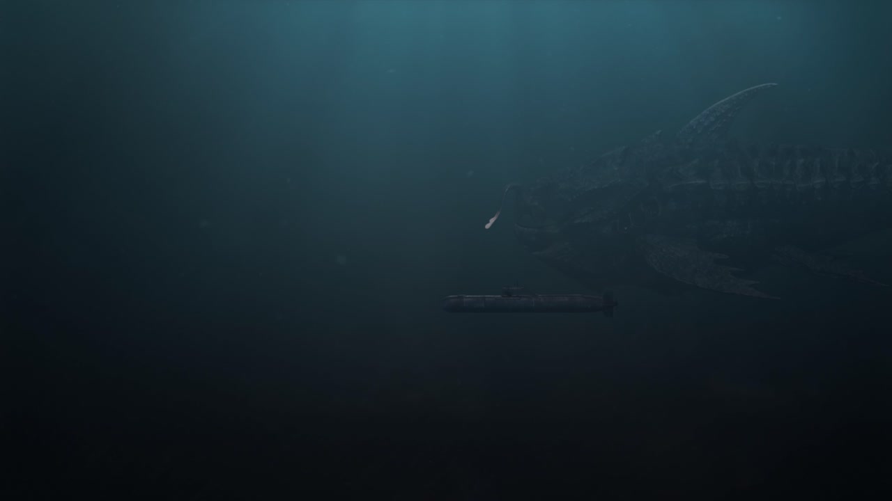 잠수함을 지나 헤엄치는 거대한 물고기의 수중 촬영