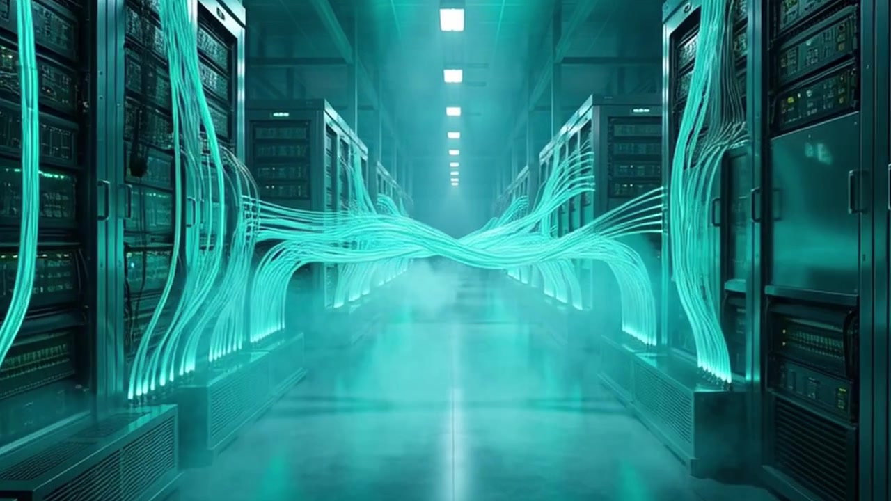 Futuristic Data Center Server Room with Glowing Fiber Optic Cables