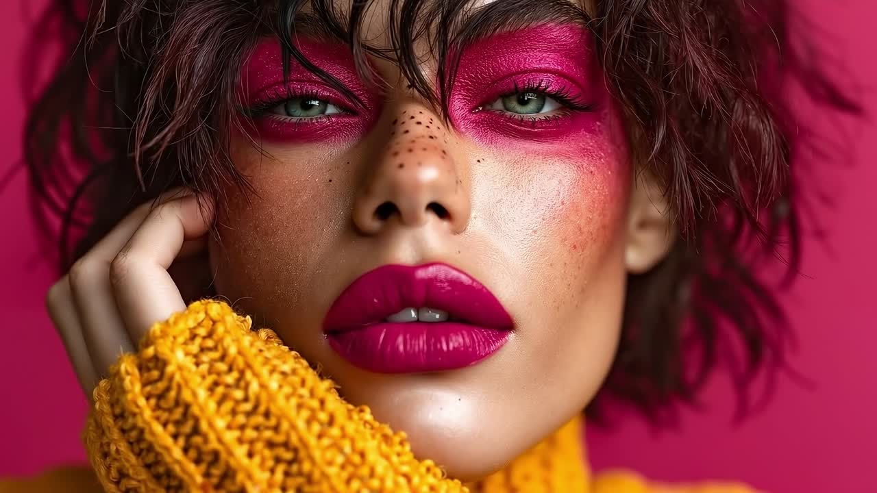 A woman with bright makeup and a yellow sweater