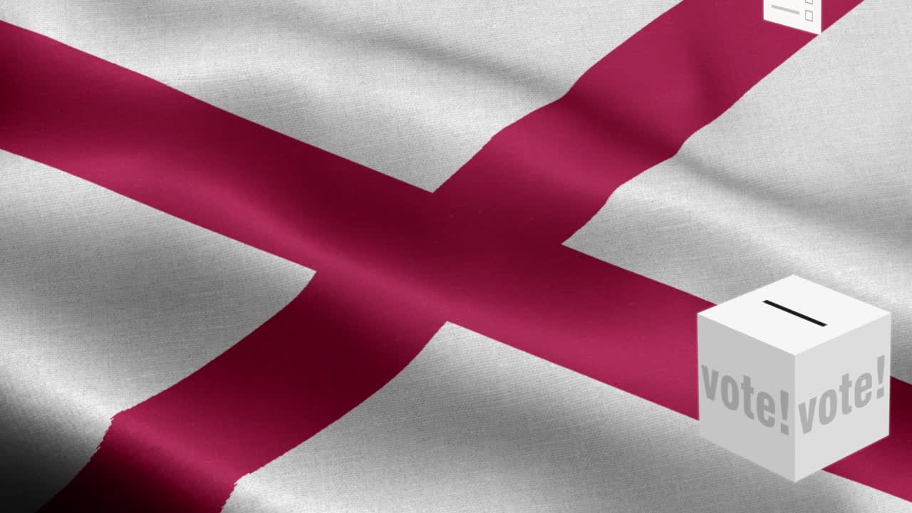 las boletas vuelan a la caja para la selección de alabama - caja de votación delante de la bandera - elección - voto - bandera nacional patrón de onda del estado de alabama elementos loopable - textura de tela y bucle sin fin - bandera loopable del estado de alaska - banderas estatales de américa