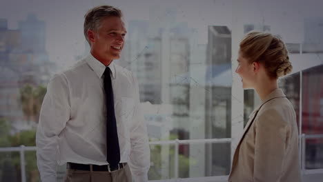 animation of shapes moving over caucasian business people shaking hands