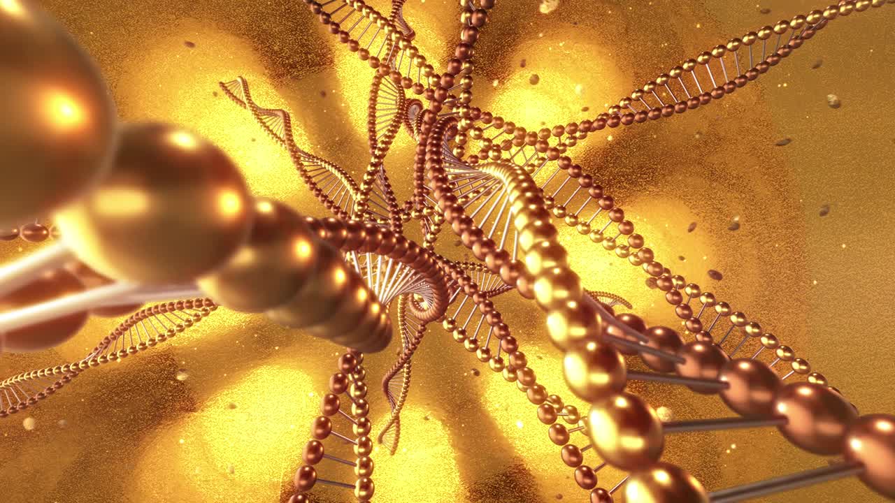 dna 분자의 소용돌이와 함께 황금 기하학적 배경 3d 렌더링 루프 4k