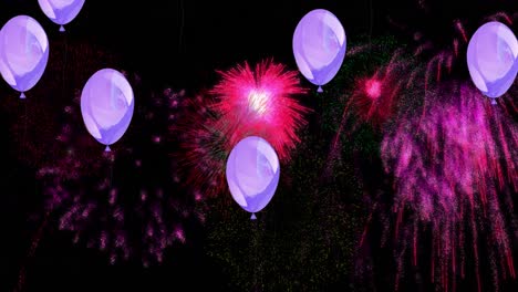 Animation-Von-Lila-Luftballons-Mit-Farbenfrohen-Weihnachts--Und-Neujahrsfeuerwerken,-Die-Am-Nachthimmel-Explodieren