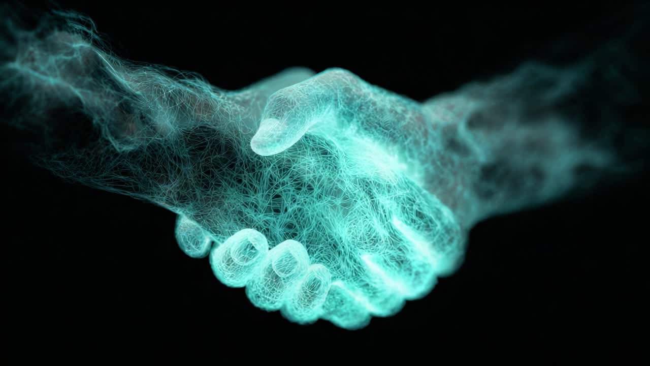 En forbløffende digital repræsentation af to æteriske hænder, der er engageret i et fast håndtryk, som legemliggør enhed, partnerskab og forbindelse i en futuristisk visuel stil med en levende elektrisk glødeeffekt.
