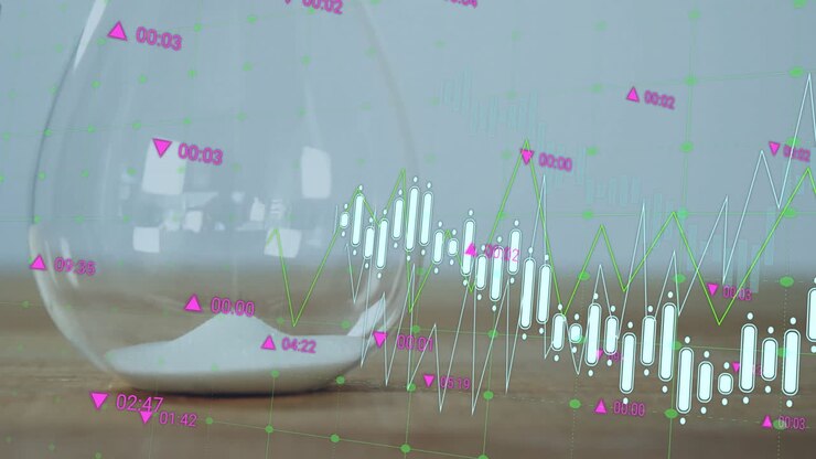 Animazione di elaborazione dati e diagrammi su clessidra