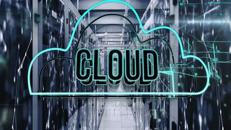 animazione di testo cloud in cloud su punti collegati su rack di server di dati nella sala server