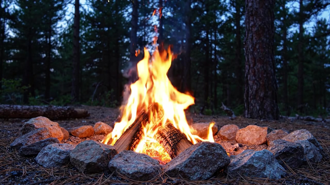 Un momento sereno attorno a un falò nella foresta: godendosi il calore e il bagliore delle fiamme circondati dalla tranquillità della natura e da un paesaggio pacifico al tramonto.